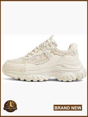 Chunky Platform Sneakers with Beaded Chains, Lace-Up Casual Walking Shoes